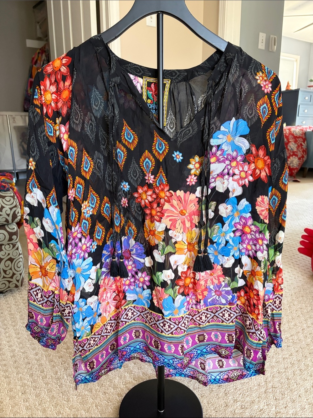 Johnny Was Margot Gerbera Black Floral Peasant Blouse with Multicolor Blooms